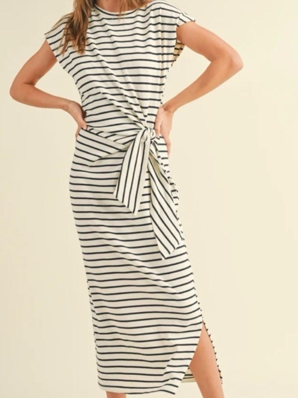 Misou Muse Striped Tie-Waist Midi Dress - White & Black
